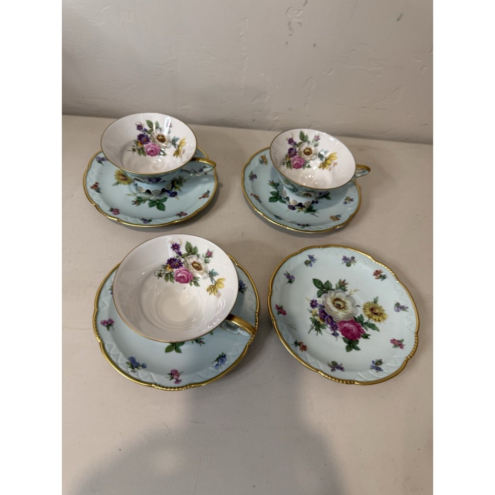 Vintage Mitterteich Bavaria 020 Fine China Tea Cups Plates Set 7 Pc Turquoise